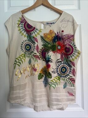 Desigual Graphic Floral Crochet Hem Tank Top Cream Multicolor Gold Accents US L